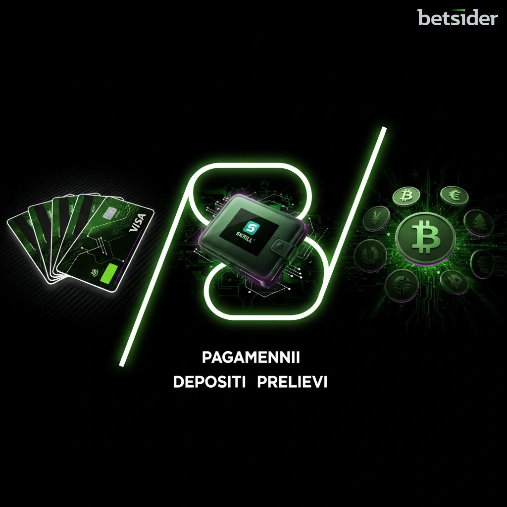 Loghi dei metodi di pagamento accettati su Betsider, tra cui Visa, Mastercard, Skrill e Bitcoin.